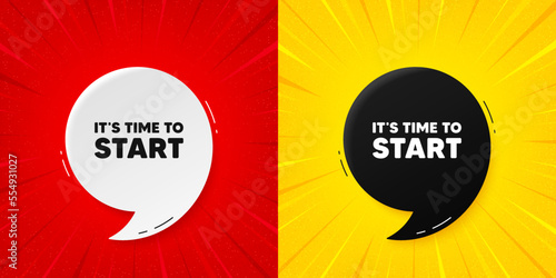 It is time to start tag. Flash offer banner with quote. Special offer sign. Advertising discounts symbol. Starburst beam banner. Time to start speech bubble. Vector
