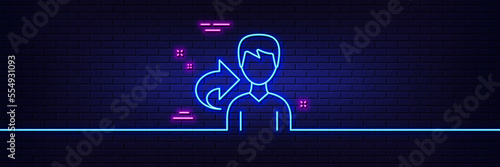 Neon light glow effect. Share refer line icon. User or businessman person sign. Male silhouette symbol. 3d line neon glow icon. Brick wall banner. Share outline. Vector