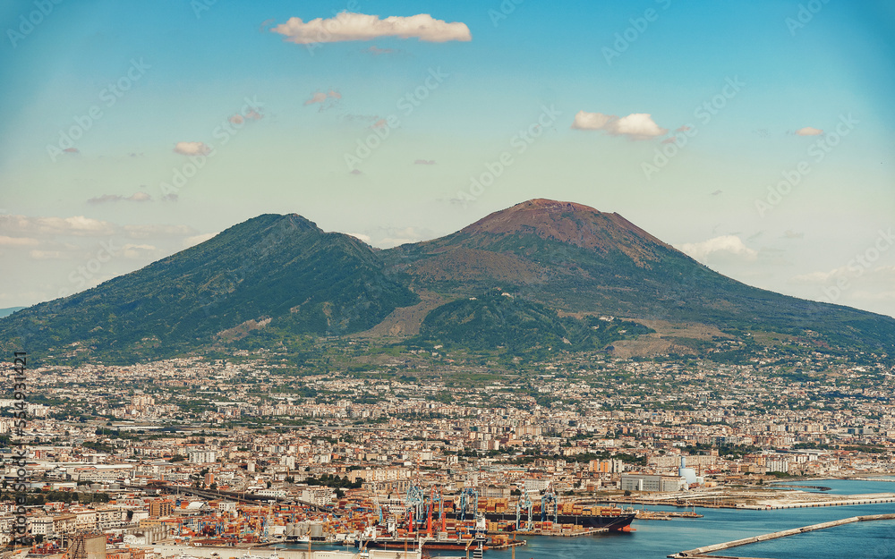 Old city of Naples and volcano Vesuvius.