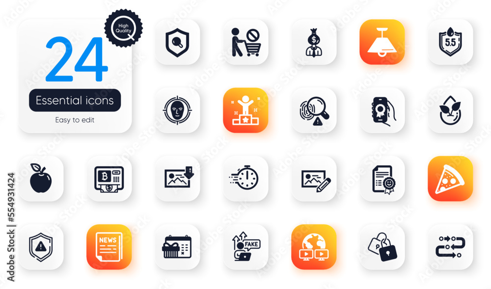 Set of Business flat icons. Smile, Download photo and Cooking timer elements for web application. Methodology, Ph neutral, Inspect icons. Bitcoin atm, Shield, Stop shopping elements. Vector Set of Business flat icons. Smile, Download photo and Cooking timer elements for web application. Methodology, Ph neutral, Inspect icons. Bitcoin atm, Shield, Stop shopping elements. Vector