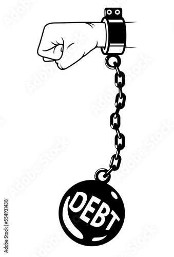 Debt shackles, weight metal ball with chain on wrist, prisoner fetter, debtor encumbrance concept , vector