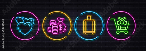 Heart, Coins bag and Baggage reclaim minimal line icons. Neon laser 3d lights. Cross sell icons. For web, application, printing. Love, Investment, Airport bag. Market retail. Vector