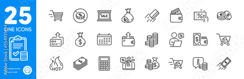 Outline icons set. Info, Sale and Travel loan icons. Delivery shopping, Card, Wallet money web elements. Shopping cart, Discount coupon, Hot sale signs. Calculator, Savings, Money bag. Vector