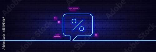 Neon light glow effect. Shopping speech bubble line icon. Special offer chat sign. Sale with Discounts symbol. 3d line neon glow icon. Brick wall banner. Discount message outline. Vector