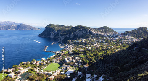 Fototapeta Naklejka Na Ścianę i Meble -  Touristic Town on Capri Island in Bay of Naples, Italy. Sunny Blue Sky.
