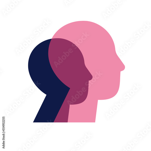 Psychology of personality disorders concept. Male silhouette with two faces isolated on white background