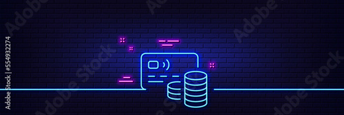 Neon light glow effect. Credit card line icon. Bank money payment sign. Non-cash coin pay symbol. 3d line neon glow icon. Brick wall banner. Card outline. Vector
