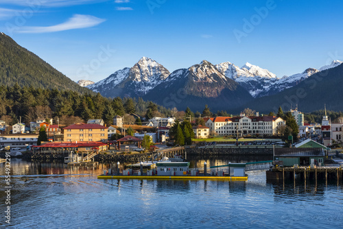 Winter view of Sitka Harbour with Gavan Hill and The Sisters mountains in background; Sitka, Alaska, United States of America photo