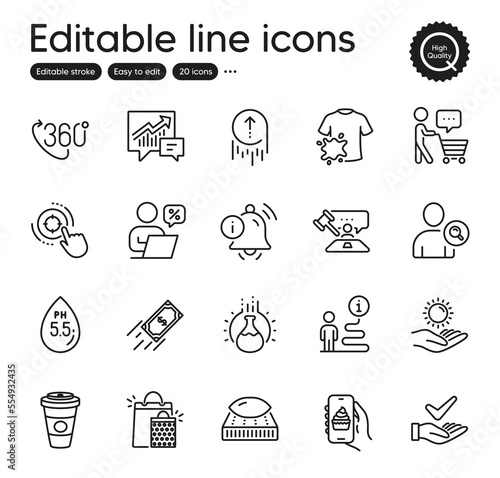 Set of Business outline icons. Contains icons as Judge hammer, Support and Buyer think elements. Seo target, Online discounts, Swipe up web signs. Ph neutral, Mattress, Find user elements. Vector