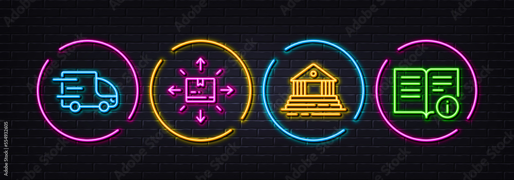 Cardboard box, Truck delivery and Court building minimal line icons. Neon laser 3d lights. Technical info icons. For web, application, printing. Vector