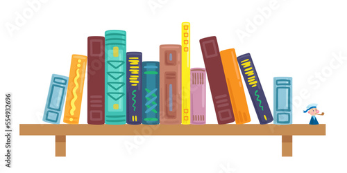 Shelf with different books. In cartoon style. Isolated on white background. Vector flat illustration