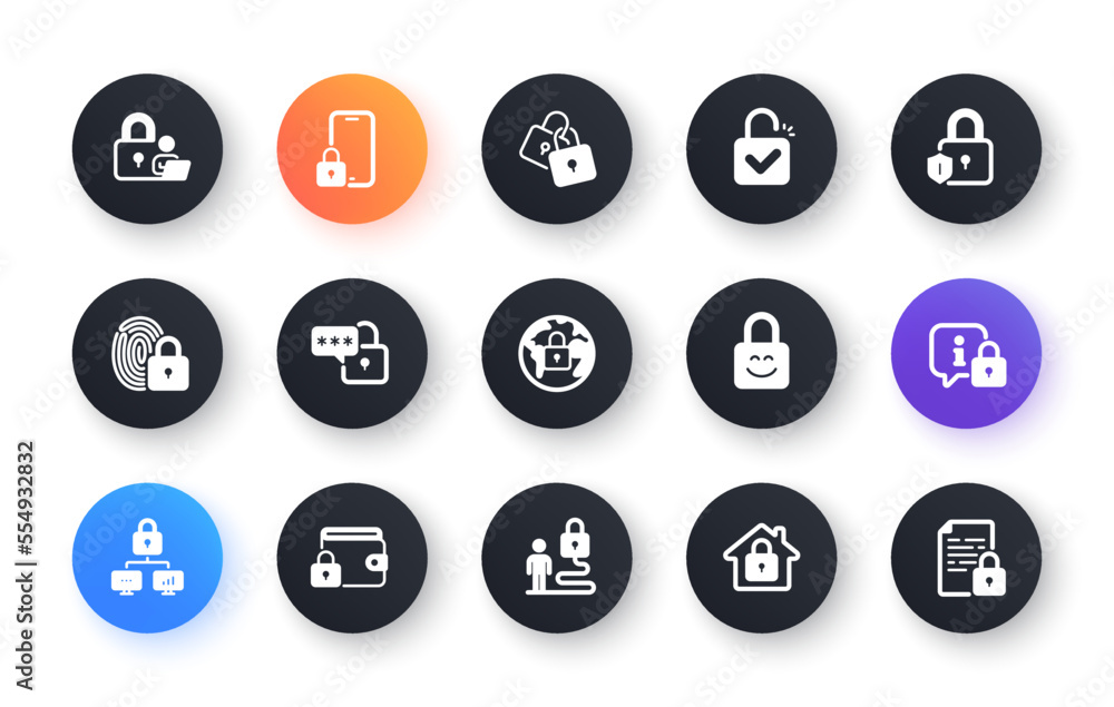 Locks icons. Fingerprint protection, Unlock code and Lock password icons. Open padlock, Locked document and Network lock. Online wallet, Fingerprint access and info protection. Vector Locks icons. Fingerprint protection, Unlock code and Lock password icons. Open padlock, Locked document and Network lock. Online wallet, Fingerprint access and info protection. Vector