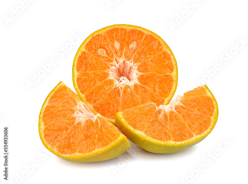 Slices of green tangerine fruit isolated on white background. 