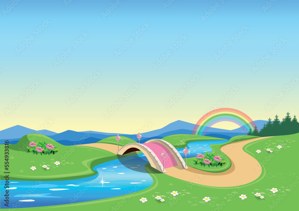 Obraz premium Fairytale background with a pink bridge, path and flower meadows. Landscape with a bridge decorated with openwork lanterns. Vector illustration for a fairy tale.