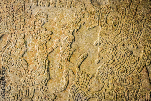 Carved artwork in the ancient Maya city of Yaxchilan; Usumacinta Province, Chiapas, Mexico photo