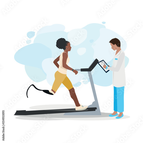 A girl with a prosthetic leg undergoes rehabilitation at a medical center. A girl after an amputation, together with a doctor, learns to run on a prosthetic leg. Vector illustration