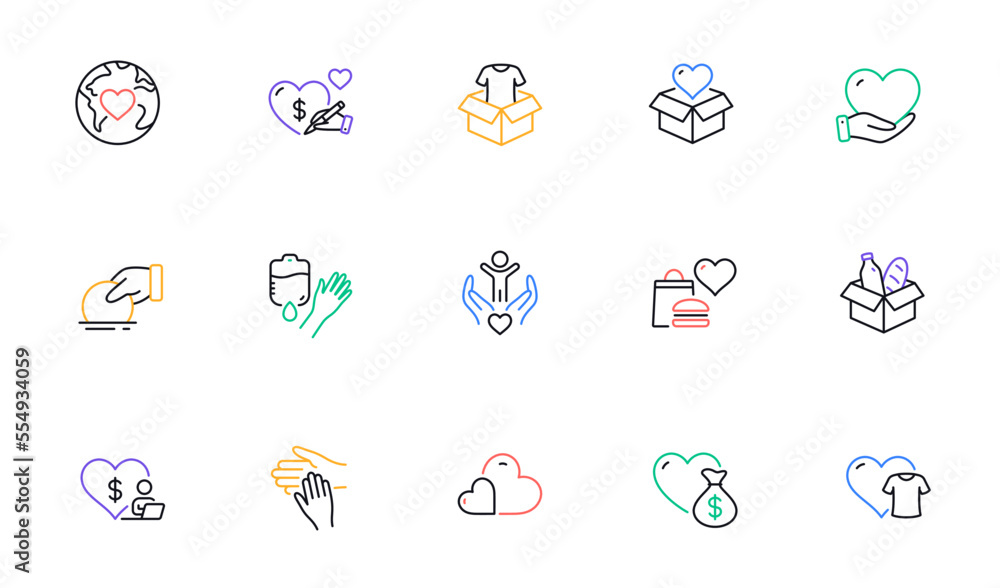 Donate and Charity line icons. Volunteer help, Global hunger, Food box. Helping hand, Heart donate and Care service line icons. Donation or Blood collection, Money charity and Food care. Vector
