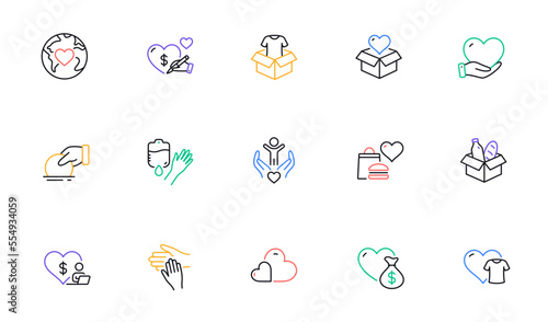 Donate and Charity line icons. Volunteer help, Global hunger, Food box. Helping hand, Heart donate and Care service line icons. Donation or Blood collection, Money charity and Food care. Vector
