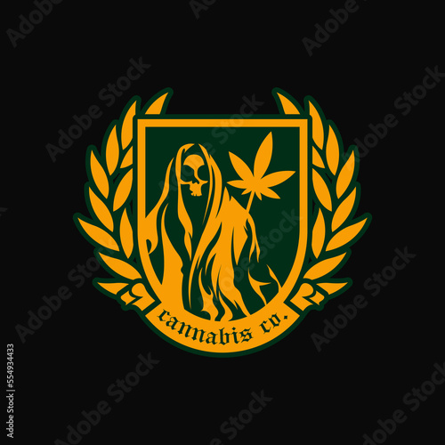 creative elegant luxury of skull mascot character and cannabis with shield stamp and ribbon decoration suitable for natural organic cannabis farm cultivation logo design inspiration