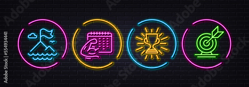 Trophy, Fitness calendar and Mountain flag minimal line icons. Neon laser 3d lights. Target goal icons. For web, application, printing. Winner cup, Biceps workout, Success challenge. Vector