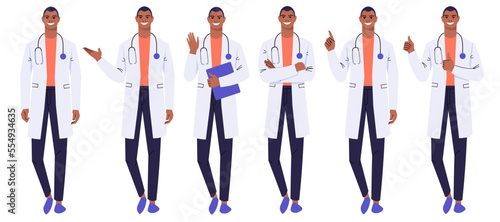 Black male doctor standing in different poses. Man in a white coat and a stethoscope. The doctor shows with his hand, hands folded, thumbs up, instructs, congratulates. Flat vector isolated on white.
