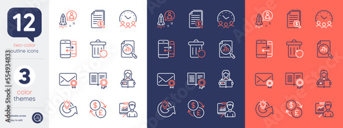 Set of Presentation, Share idea and Currency exchange line icons. Include Diploma, Verified mail, Woman read icons. Analytics graph, Startup, Meeting time web elements. Bicolor outline icon. Vector