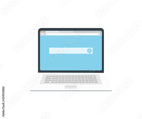 laptop computer, searching information on website logo design. Data Search Technology Search. Using Search Console with your website vector design and illustration.
