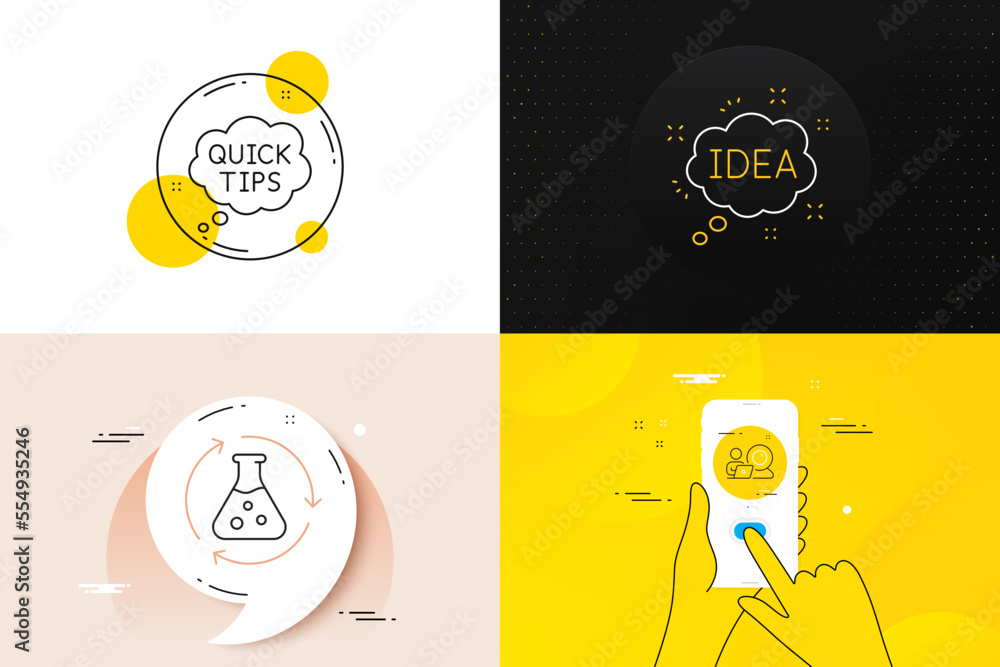 Minimal set of Video conference, Chemistry experiment and Quick tips line icons. Phone screen, Quote banners. Idea icons. For web development. Online training, Laboratory flask, Helpful tricks. Vector Minimal set of Video conference, Chemistry experiment and Quick tips line icons. Phone screen, Quote banners. Idea icons. For web development. Online training, Laboratory flask, Helpful tricks. Vector