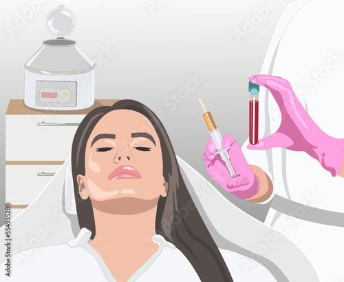 Cosmetologist does prp therapy on the face of a beautiful woman. Cosmetology concept. vector image