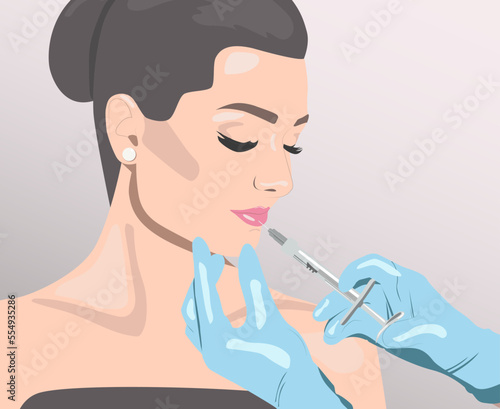 Cosmetologist does lip augmentation procedure of a beautiful woman. Cosmetology concept. vector image