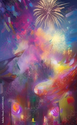 Happy New Year background. A festive theme for celebration with fireworks. Bright vivid image with colorful background. AI-generated image, digital painting, vertical format.