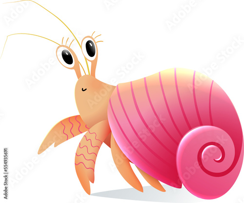 Cute baby animal design, little girl hermit crab cartoon. Crab with shell, funny character design for children, adorable marine creature mascot. Hilarious crustacean vector illustration.