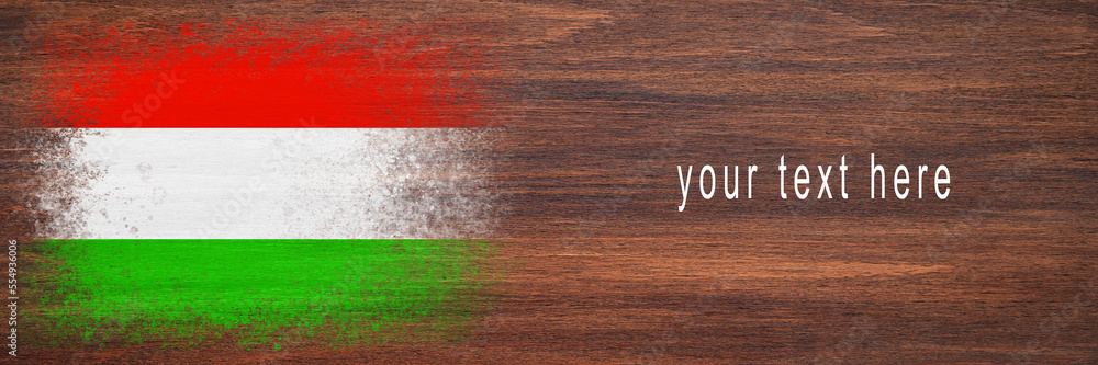 Flag of Hungary. Flag is painted on a wooden surface. Wooden background. Plywood surface. Copy space. Textured background Flag of Hungary. Flag is painted on a wooden surface. Wooden background. Plywood surface. Copy space. Textured background