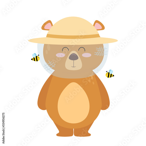 Cute bear collects honey. Bear beekeeper in a straw hat. Cartoon bear with bees in flat style.