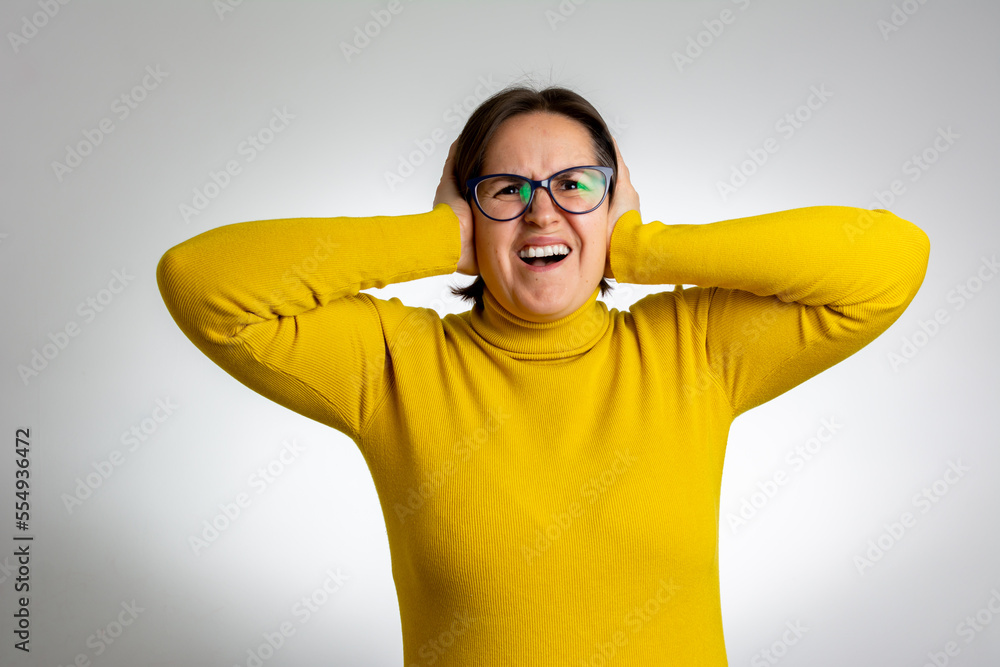 Annoyed stressed woman cover ears feel hurt ear ache pain otitis suffer