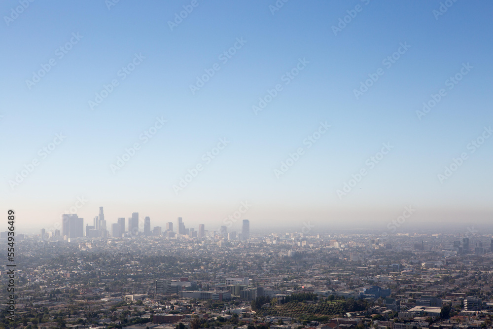 A view to downtown Los Angeles and surroundings from Griffith Observatory. Air pollution is visible over the city.; Griffith Observatory, Los Angeles, California A view to downtown Los Angeles and surroundings from Griffith Observatory. Air pollution is visible over the city.; Griffith Observatory, Los Angeles, California