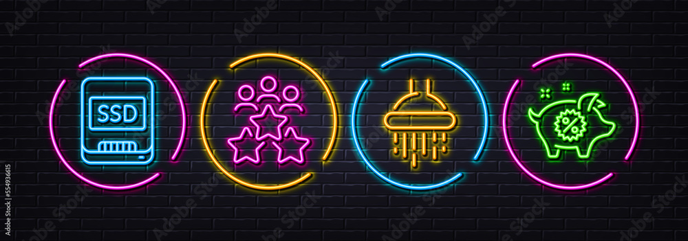 Business meeting, Shower and Ssd minimal line icons. Neon laser 3d lights. Piggy sale icons. For web, application, printing. Rating star, Bathroom, Memory disk. Discounts. Neon lights buttons. Vector
