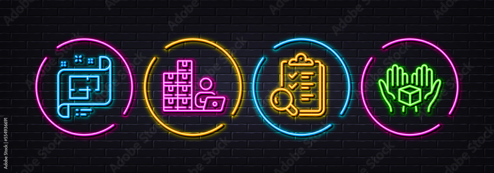 Architectural plan, Inventory and Inspect minimal line icons. Neon laser 3d lights. Hold box icons. For web, application, printing. Technical project, Goods operator, Research list. Vector