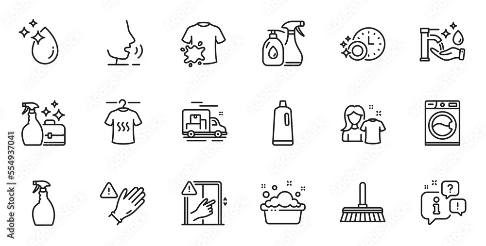Outline set of Cleaning mop, Water drop and Dont touch line icons for web application. Talk, information, delivery truck outline icon. Include Dry t-shirt, Clean shirt, Cleaning liquids icons. Vector Outline set of Cleaning mop, Water drop and Dont touch line icons for web application. Talk, information, delivery truck outline icon. Include Dry t-shirt, Clean shirt, Cleaning liquids icons. Vector