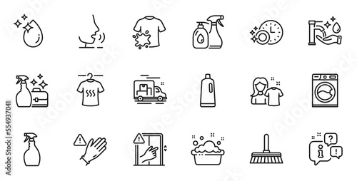 Outline set of Cleaning mop, Water drop and Dont touch line icons for web application. Talk, information, delivery truck outline icon. Include Dry t-shirt, Clean shirt, Cleaning liquids icons. Vector