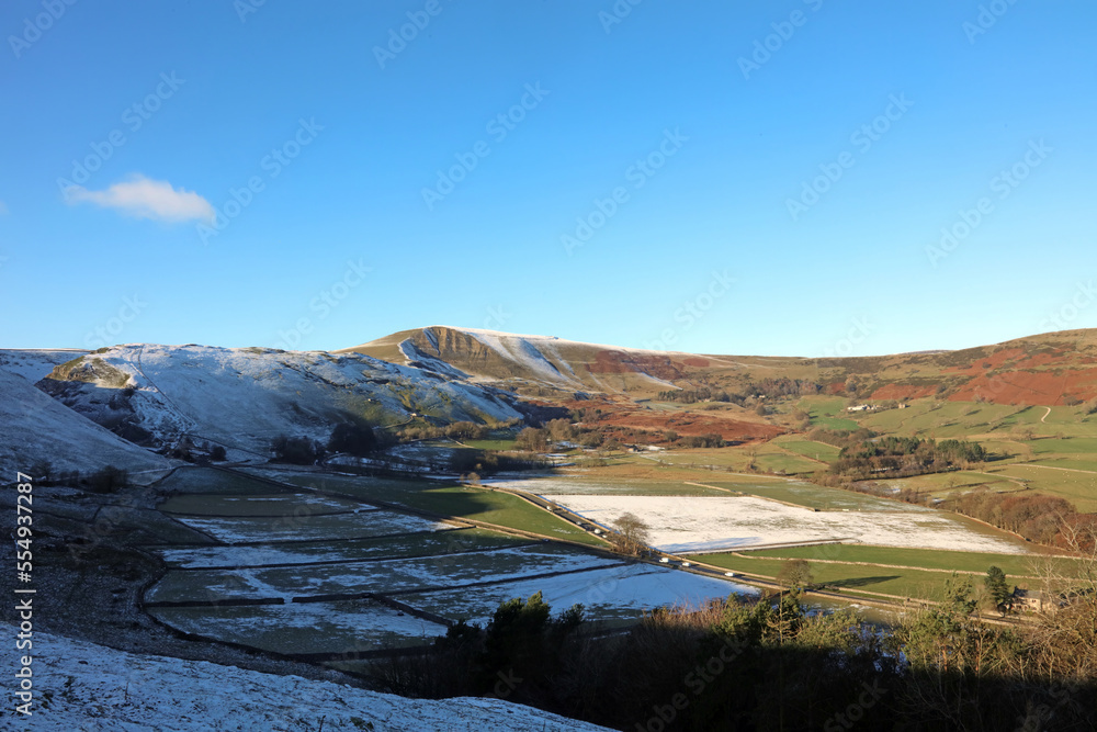 Mam Tor and the head of the Hope Valley with heavy frost, Derbyshire England
