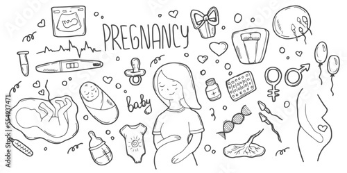 Pregnancy set. Hand-drawn cartoon collection. Doodle drawing.