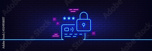 Neon light glow effect. Lock line icon. Protected credit card sign. Password security symbol. 3d line neon glow icon. Brick wall banner. Lock outline. Vector