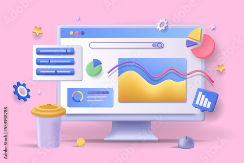 Online marketing concept 3D illustration. Icon composition with statistics and data analysis at computer screen. Development of success promotion strategy. Illustration for modern web design