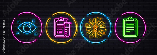 Health eye, Fireworks explosion and Medical analyzes minimal line icons. Neon laser 3d lights. Clipboard icons. For web, application, printing. Optometry, Pyrotechnic salute, Medicine results. Vector
