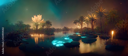 Oasis at sunset in a sandy desert  a panorama of the desert with palm trees 3d rendering  ai