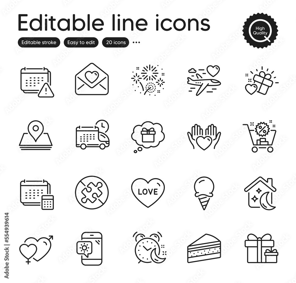 Fototapeta premium Set of Holidays outline icons. Contains icons as Love gift, Honeymoon travel and Delivery elements. Alarm, Gift dream, Cake web signs. Hold heart, Fireworks, Ice cream elements. Vector