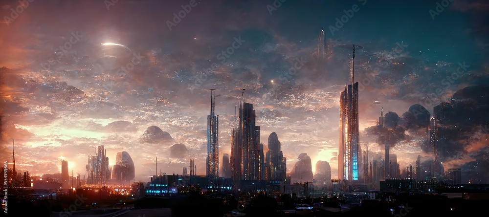 Glass skyscrapers are built in the megalopolis of the future. Tall buildings are illuminated in blue. There is a square in front of the city. In the square there are people cafe lawn. 3d render, ai
