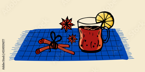 Drinks hot and spices. Beige, blue, red colors. Doodle style. Vector illustration.