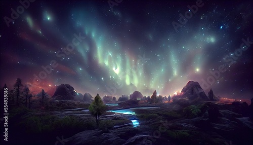 Night landscape, northern lights reflecting in water, science fiction, beautiful nature, colorful sparks. Magic realism concept. 3D rendering illustration, ai.